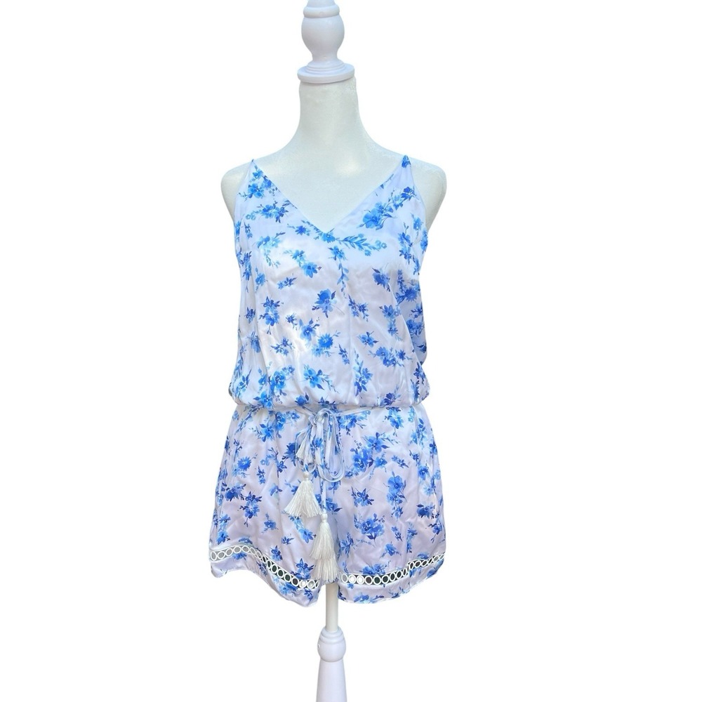 CAMI NYC Womens Chandler Azure Floral Drawstring Silk Romper Jumpsuit Size M
